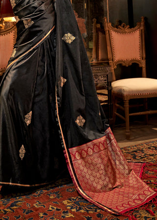 Black Elegant Satin Silk Saree – Evening Cocktail & Dinner Party Wear ClothsVilla