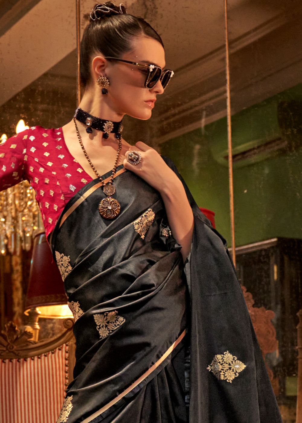 Black Elegant Satin Silk Saree – Evening Cocktail & Dinner Party Wear ClothsVilla