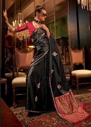Black Elegant Satin Silk Saree – Evening Cocktail & Dinner Party Wear ClothsVilla