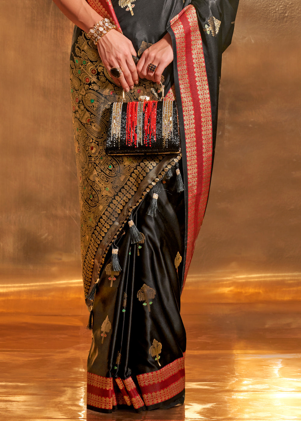 Black Elegant Satin Silk Saree – Luxurious Drape for Every Occasion ClothsVilla