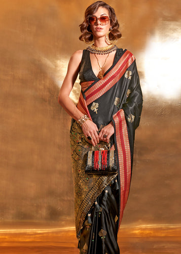 Black Elegant Satin Silk Saree – Luxurious Drape for Every Occasion ClothsVilla