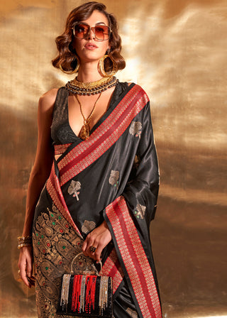 Black Elegant Satin Silk Saree – Luxurious Drape for Every Occasion ClothsVilla