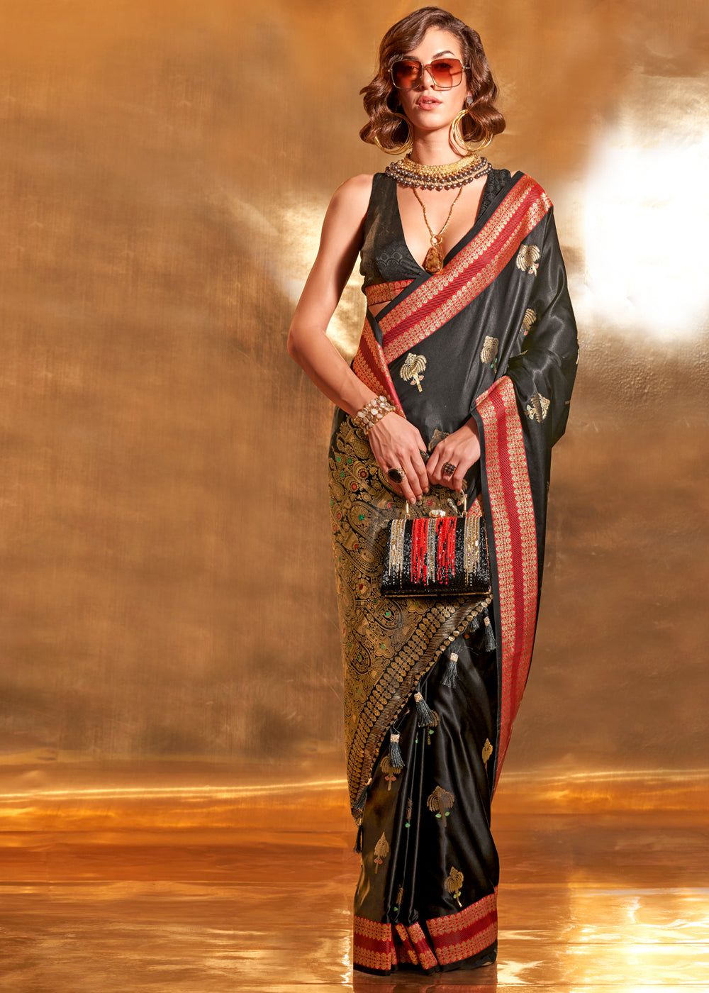 Black Elegant Satin Silk Saree – Luxurious Drape for Every Occasion ClothsVilla