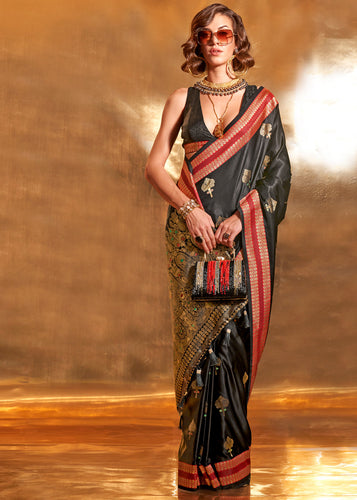 Black Elegant Satin Silk Saree – Luxurious Drape for Every Occasion ClothsVilla