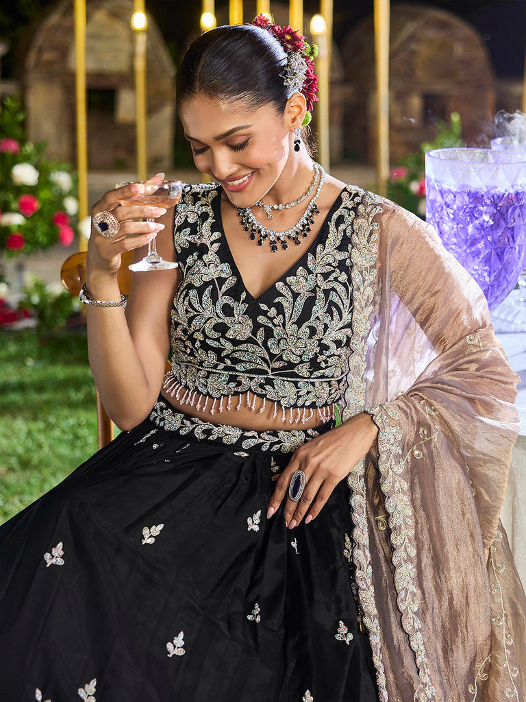 Black Elegant Satin Silk Sequin Embroidered Lehenga Choli with Dupatta – 3.5 Meter Flair, Fully Stitched ClothsVilla