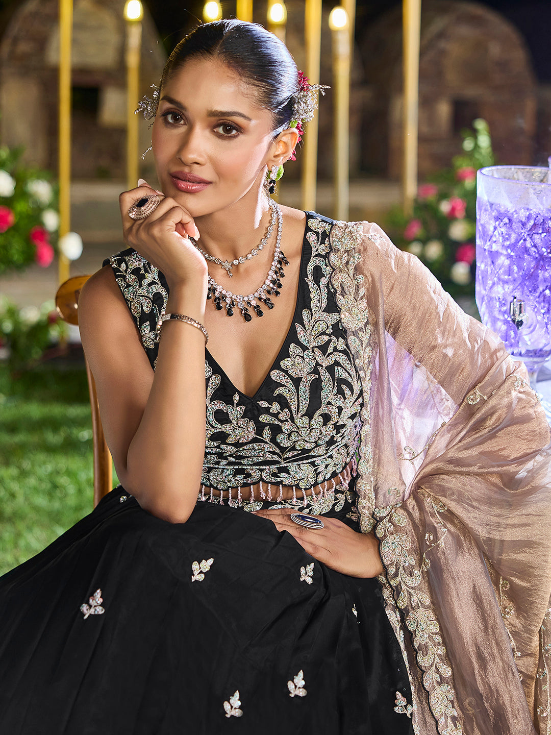 Black Elegant Satin Silk Sequin Embroidered Lehenga Choli with Dupatta – 3.5 Meter Flair, Fully Stitched ClothsVilla