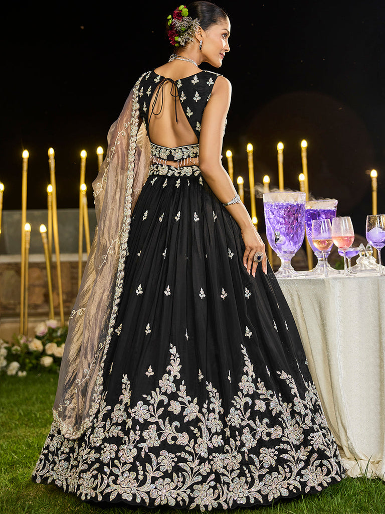 Black Elegant Satin Silk Sequin Embroidered Lehenga Choli with Dupatta – 3.5 Meter Flair, Fully Stitched ClothsVilla