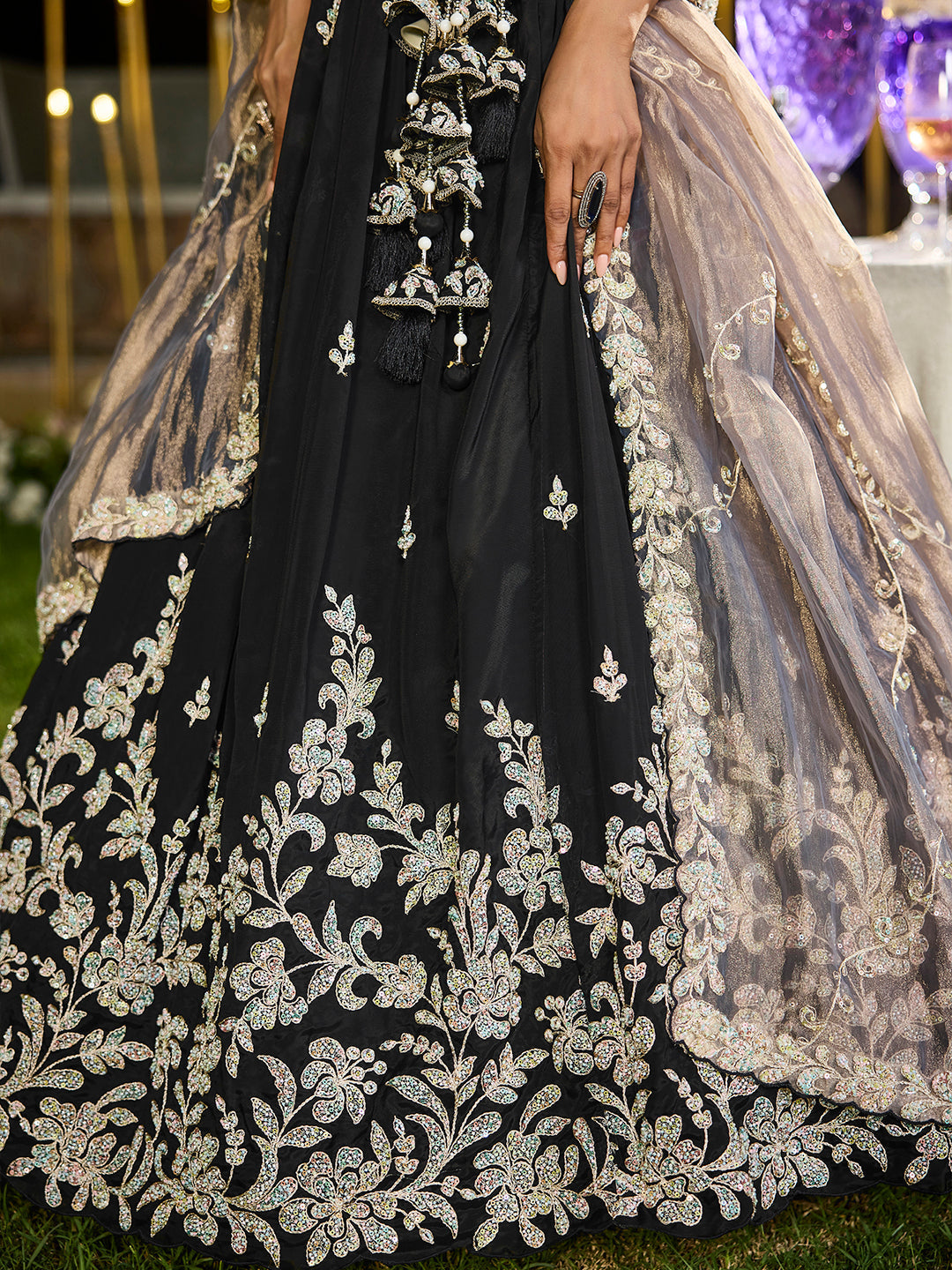 black dress with golden dupatta Elegant Satin Silk Sequin Embroidered Lehenga black dress with contrast dupatta