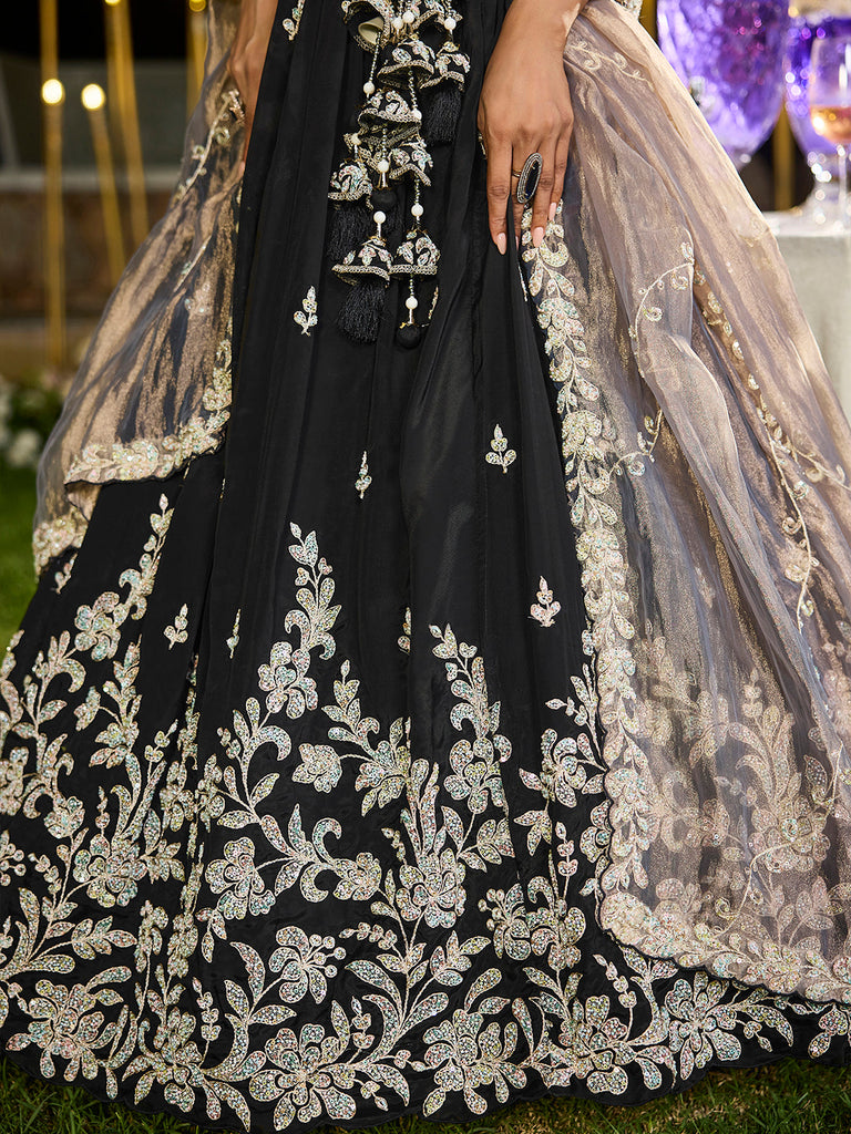 Black Elegant Satin Silk Sequin Embroidered Lehenga Choli with Dupatta – 3.5 Meter Flair, Fully Stitched ClothsVilla
