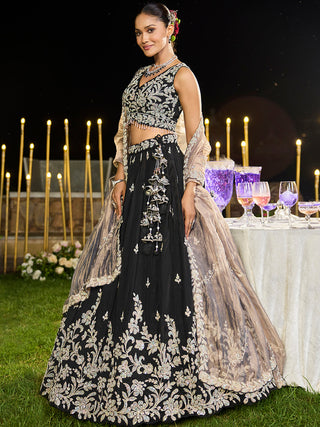 Black Elegant Satin Silk Sequin Embroidered Lehenga Choli with Dupatta – 3.5 Meter Flair, Fully Stitched ClothsVilla