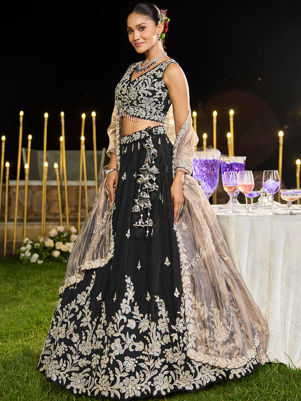 Black Elegant Satin Silk Sequin Embroidered Lehenga Choli with Dupatta – 3.5 Meter Flair, Fully Stitched ClothsVilla