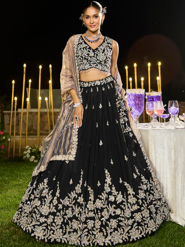 Black Elegant Satin Silk Sequin Embroidered Lehenga Choli with Dupatta – 3.5 Meter Flair, Fully Stitched ClothsVilla