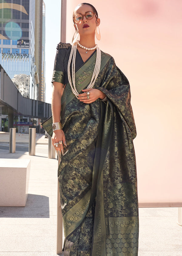 Black Elegant Soft Banarasi Blended Silk Saree ClothsVilla