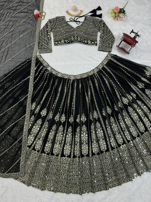 Black Elegant Spark Semi-Stitched Lehenga Choli Set – Faux Georgette with Thread & Sequin Work ClothsVilla