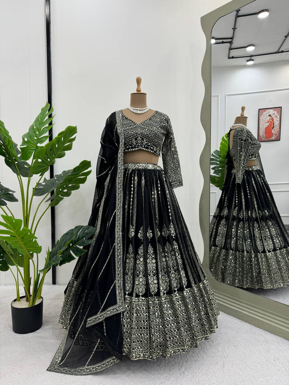 Black Elegant Spark Semi-Stitched Lehenga Choli Set – Faux Georgette with Thread & Sequin Work ClothsVilla