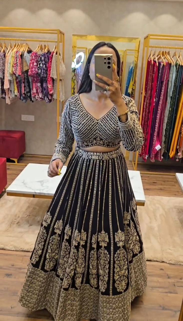 Black Elegant Spark Semi-Stitched Lehenga Choli Set – Faux Georgette with Thread & Sequin Work ClothsVilla