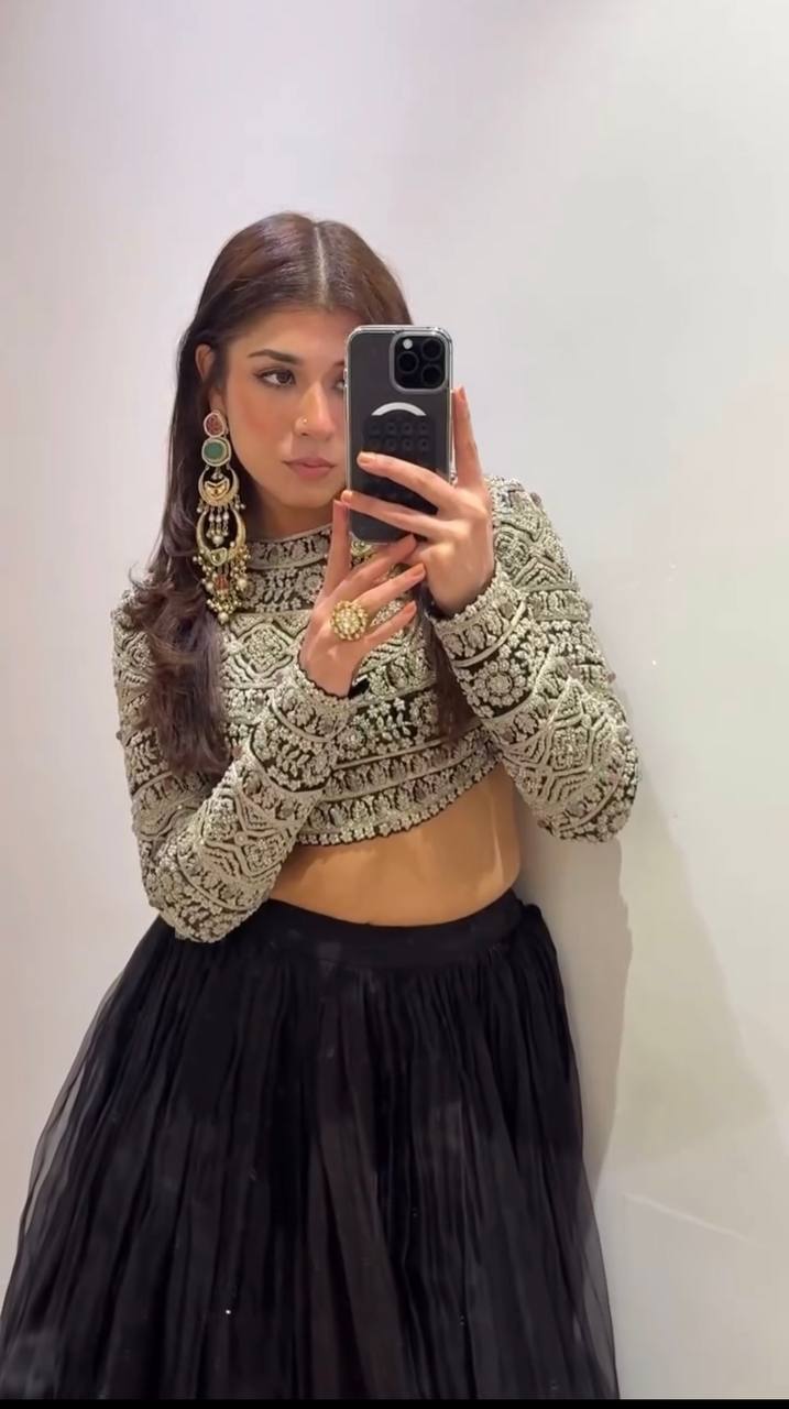 Black Elegant Tabby Organza Lehenga with Thread & Sequin Work Blouse ClothsVilla