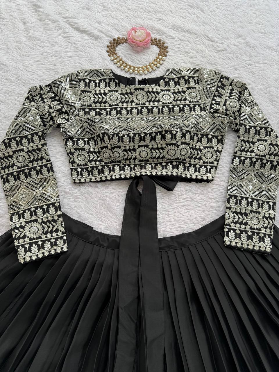 Black Elegant Tabby Organza Lehenga with Thread & Sequin Work Blouse ClothsVilla