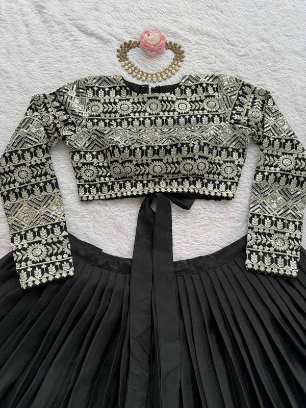 Black Elegant Tabby Organza Lehenga with Thread & Sequin Work Blouse ClothsVilla