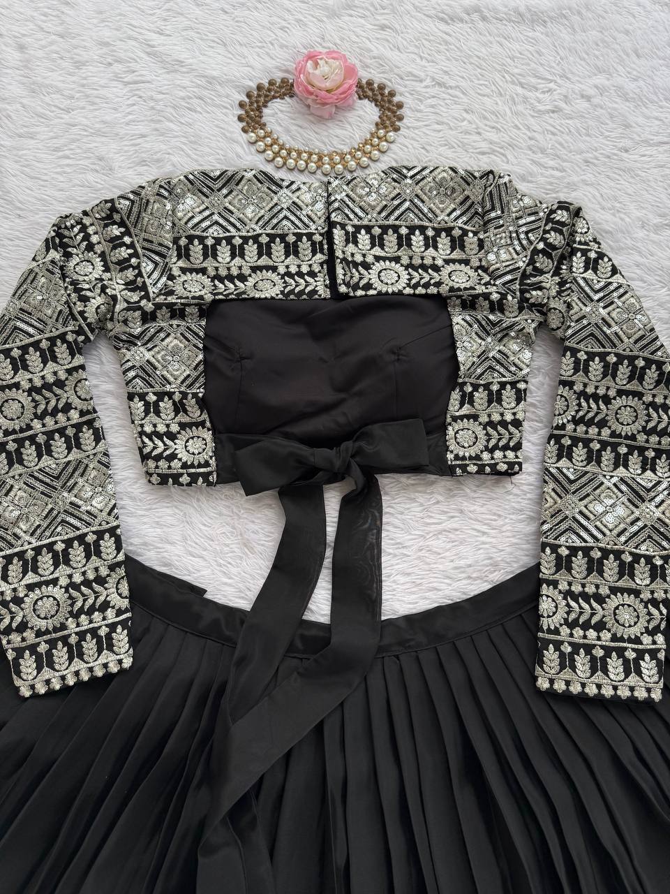 Black Elegant Tabby Organza Lehenga with Thread & Sequin Work Blouse ClothsVilla