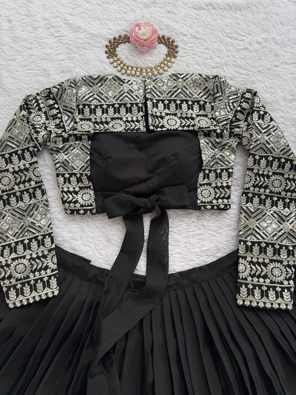 Black Elegant Tabby Organza Lehenga with Thread & Sequin Work Blouse ClothsVilla