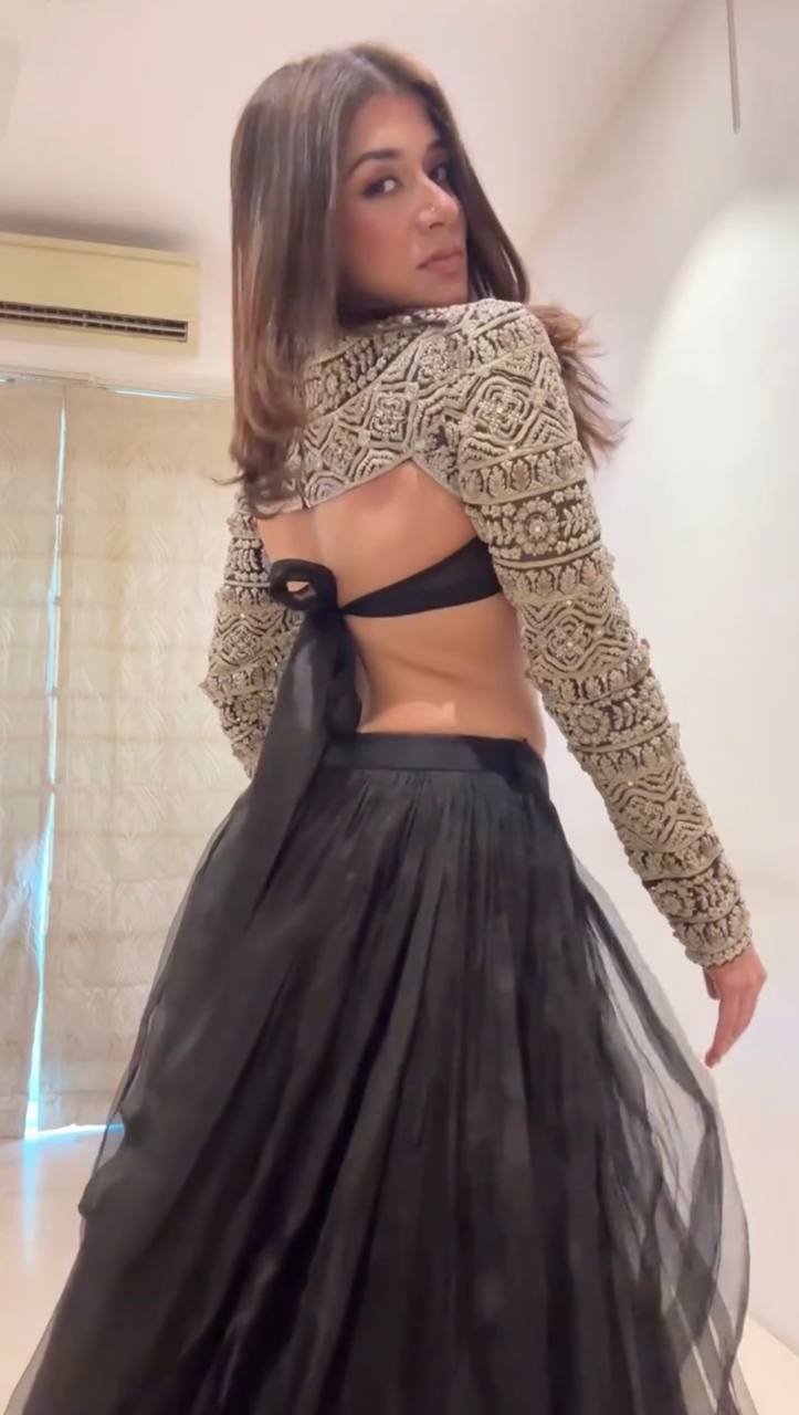 Black Elegant Tabby Organza Lehenga with Thread & Sequin Work Blouse ClothsVilla
