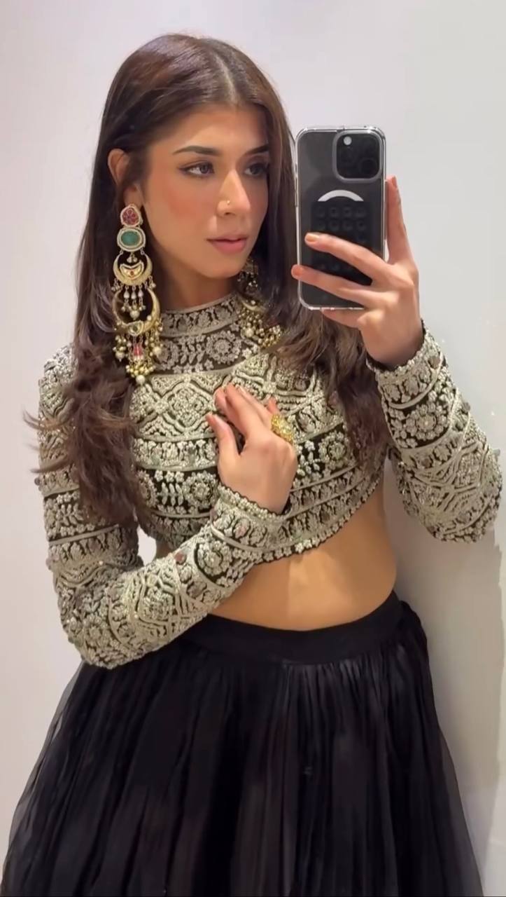 Black Elegant Tabby Organza Lehenga with Thread & Sequin Work Blouse ClothsVilla