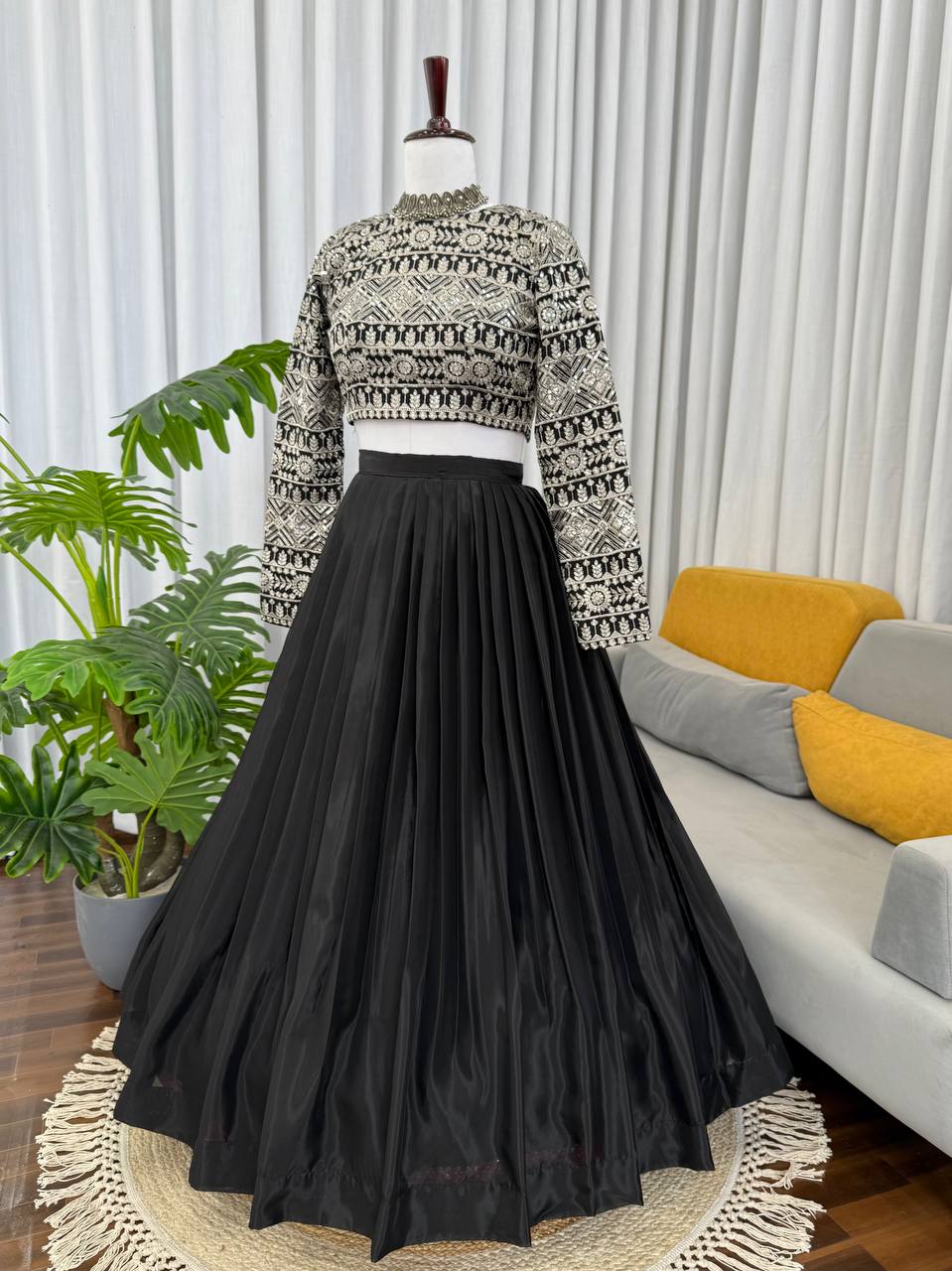 Black Elegant Tabby Organza Lehenga with Thread & Sequin Work Blouse ClothsVilla