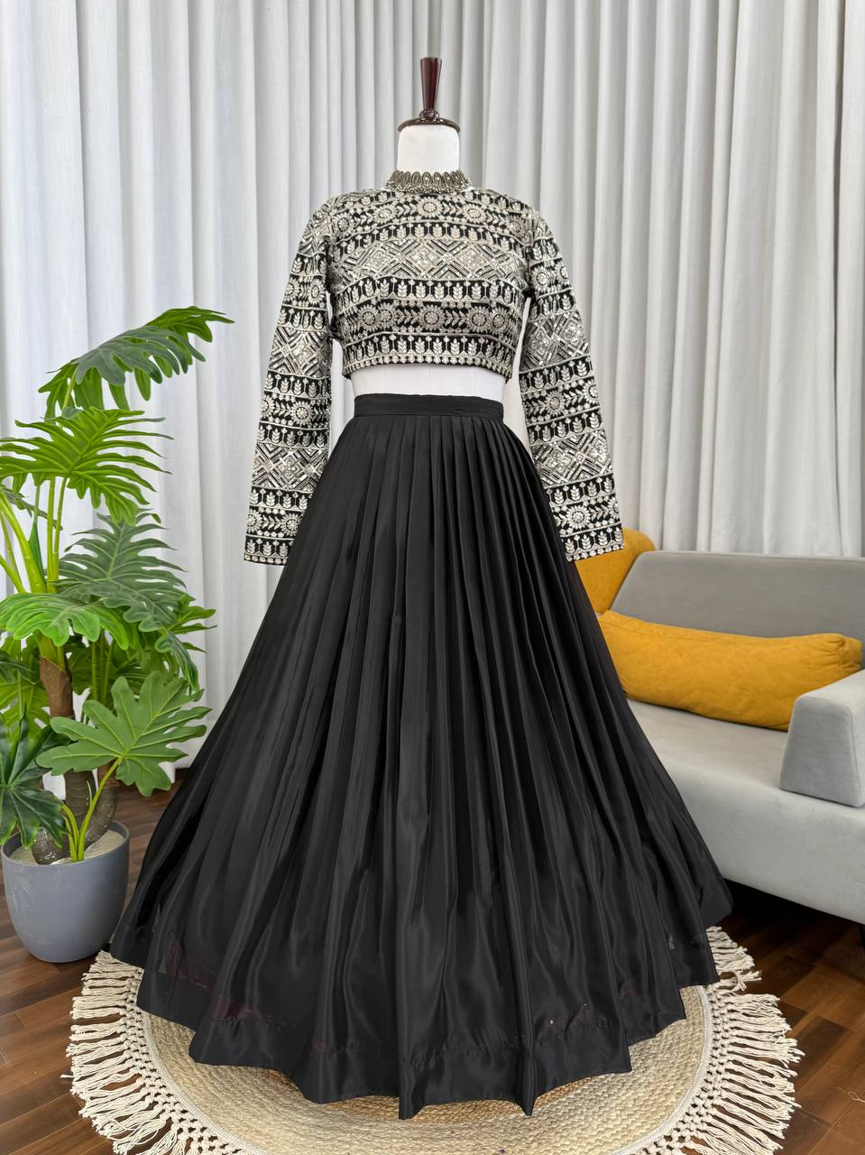 Black Elegant Tabby Organza Lehenga with Thread & Sequin Work Blouse ClothsVilla