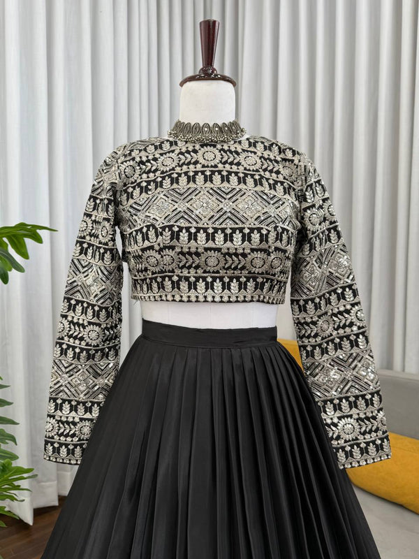 Black Elegant Tabby Organza Lehenga with Thread & Sequin Work Blouse ClothsVilla