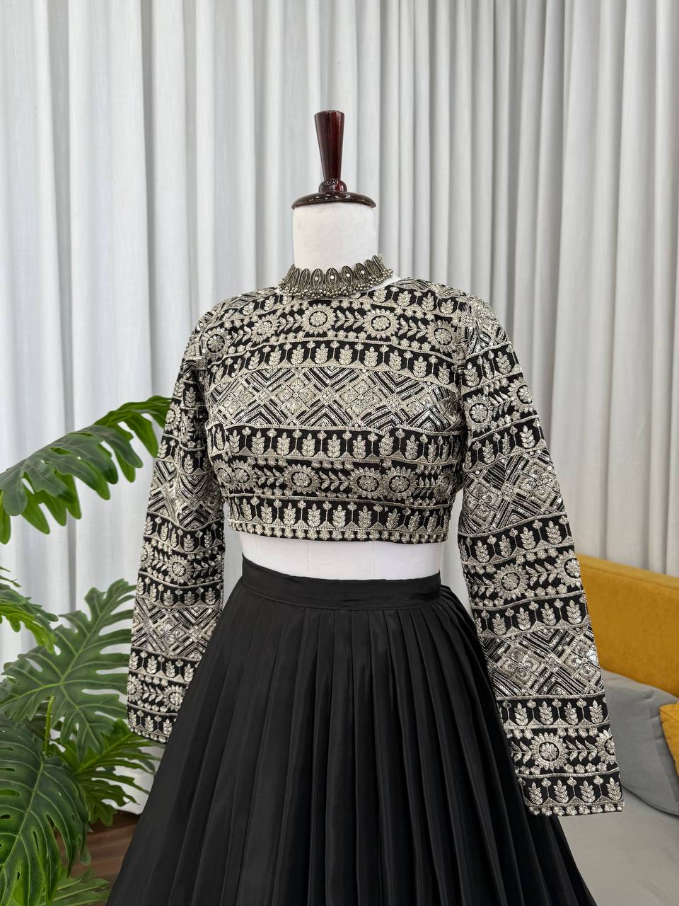Black Elegant Tabby Organza Lehenga with Thread & Sequin Work Blouse ClothsVilla