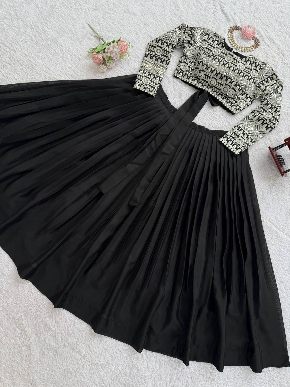 Black Elegant Tabby Organza Lehenga with Thread & Sequin Work Blouse ClothsVilla