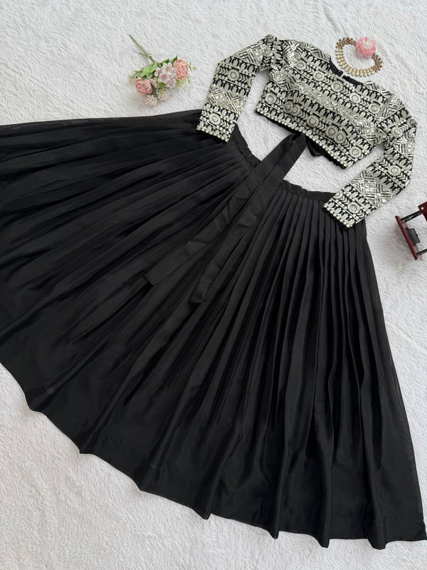 Black Elegant Tabby Organza Lehenga with Thread & Sequin Work Blouse ClothsVilla