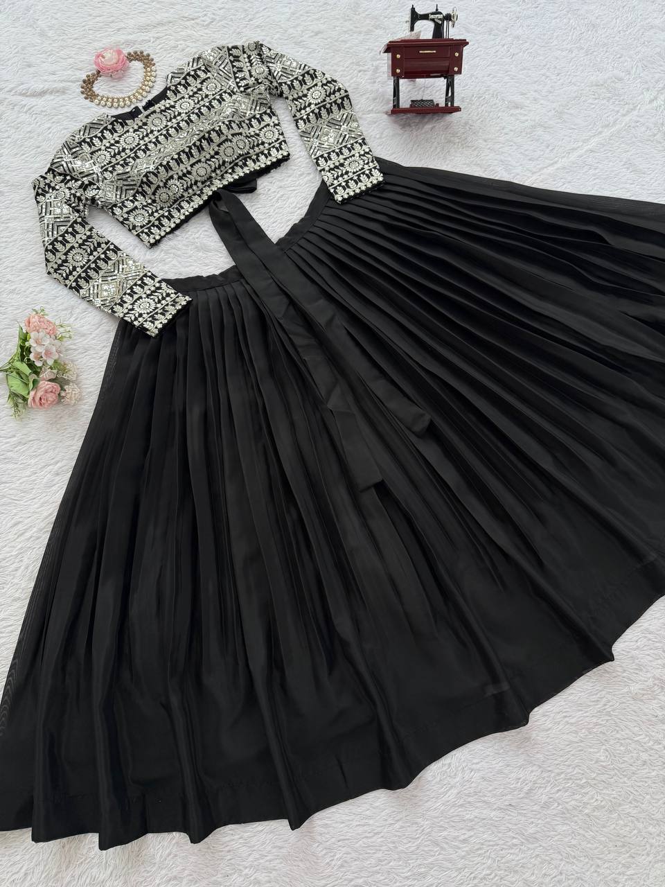 Black Elegant Tabby Organza Lehenga with Thread & Sequin Work Blouse ClothsVilla