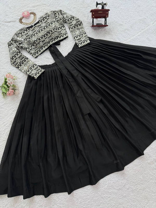 Black Elegant Tabby Organza Lehenga with Thread & Sequin Work Blouse ClothsVilla