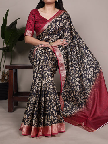 Black Elegant Tasar Silk Printed Saree with Viscose Border & Matching Unstitched Blouse – Premium Traditional Party & Festive Wear ClothsVilla