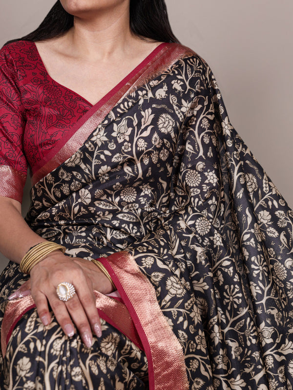 Black Elegant Tasar Silk Printed Saree with Viscose Border & Matching Unstitched Blouse – Premium Traditional Party & Festive Wear ClothsVilla