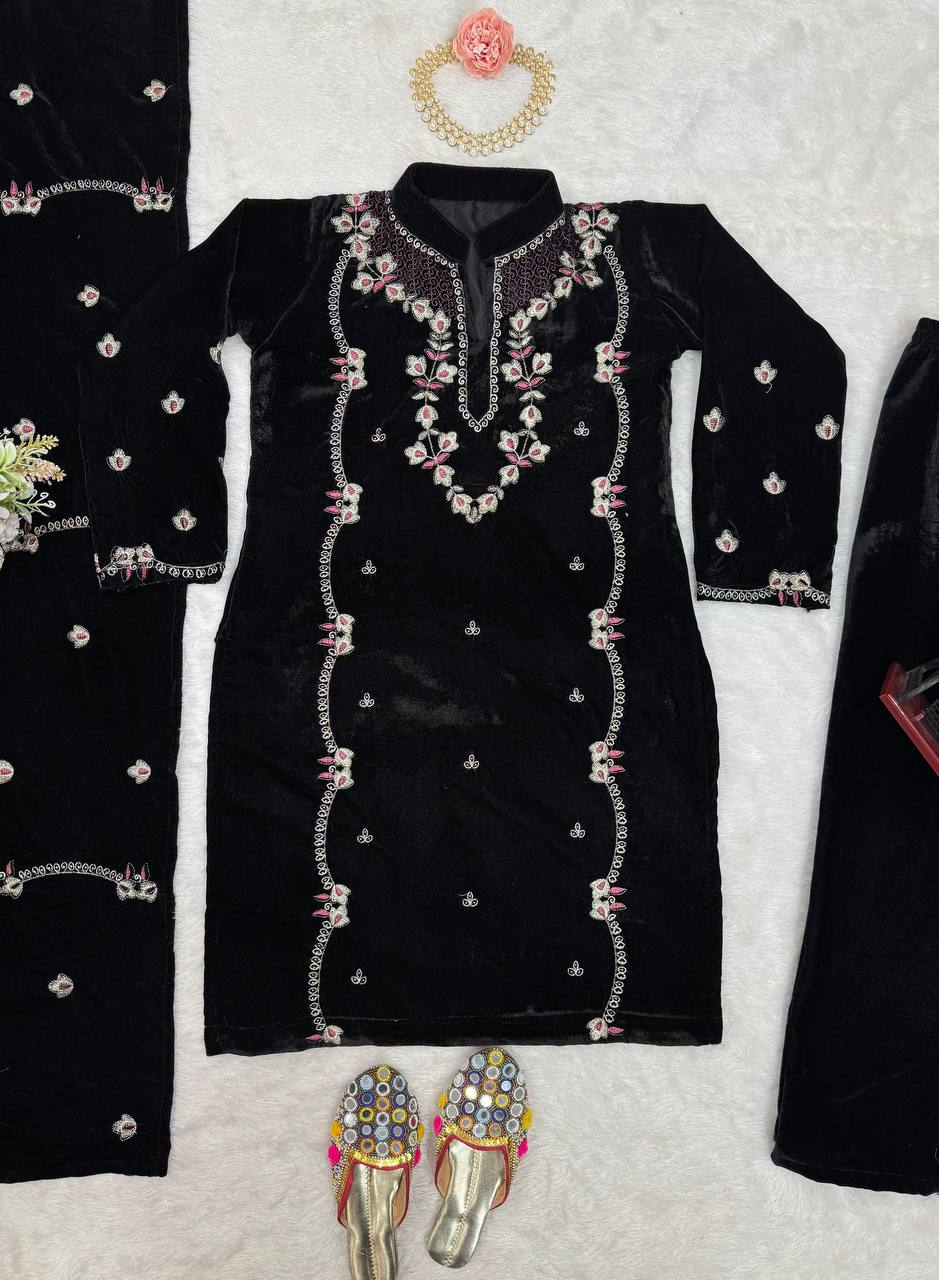 Black Elegant Velvet Ensemble – Luxe Thread & Sequin Work ClothsVilla