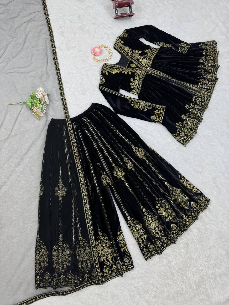 Black Elegant Velvet Ensemble – Top, Plazo & Dupatta ClothsVilla