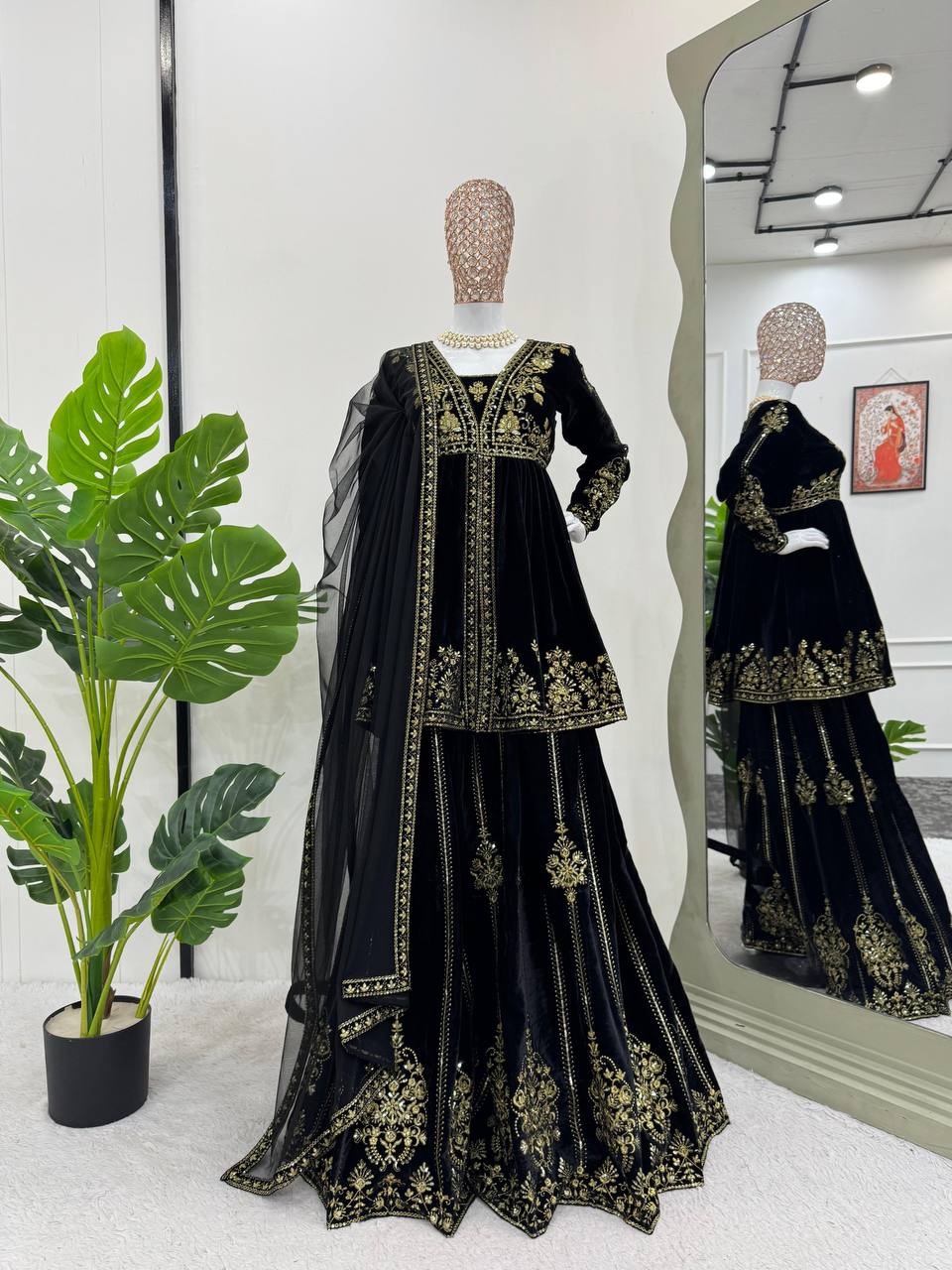 Black Elegant Velvet Ensemble – Top, Plazo & Dupatta ClothsVilla
