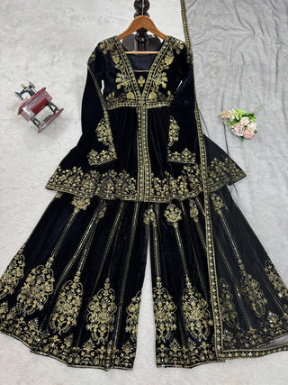 Black Elegant Velvet Ensemble – Top, Plazo & Dupatta ClothsVilla