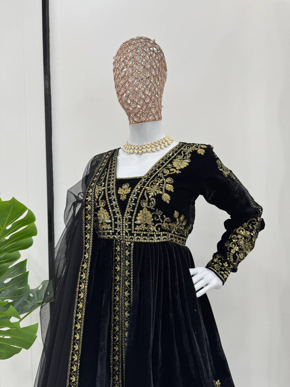 Black Elegant Velvet Ensemble – Top, Plazo & Dupatta ClothsVilla
