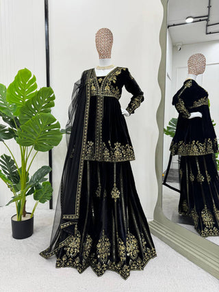 Black Elegant Velvet Ensemble – Top, Plazo & Dupatta ClothsVilla