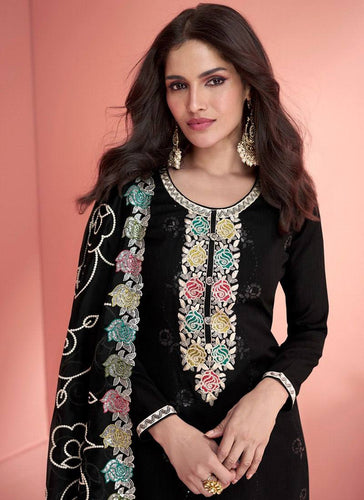 Black Elegant Vichitra Silk Embroidered Suit Set ClothsVilla