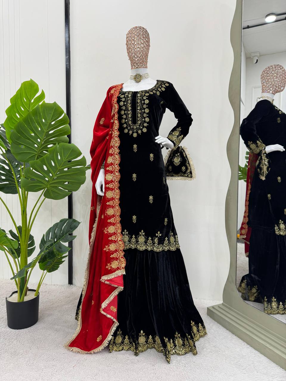 Black Elegant Viscose Velvet Embroidered Sharara Set ClothsVilla