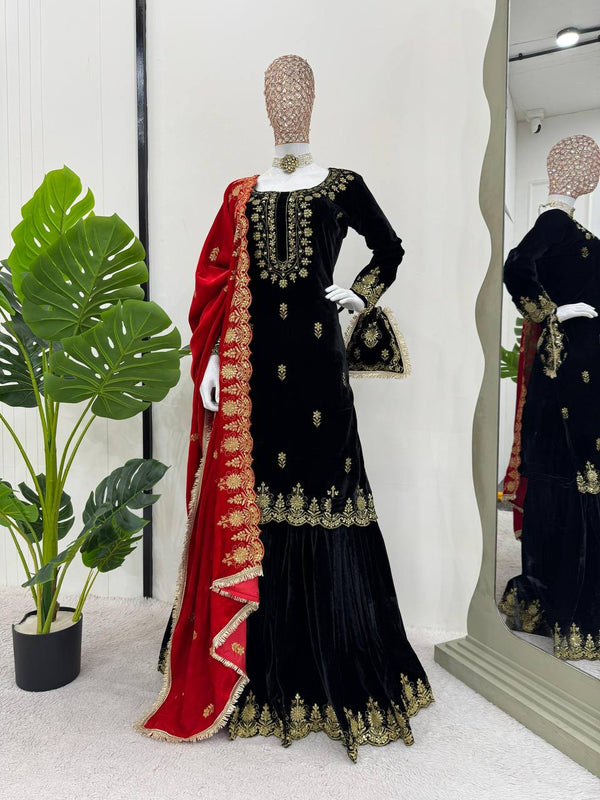 Black Elegant Viscose Velvet Embroidered Sharara Set ClothsVilla