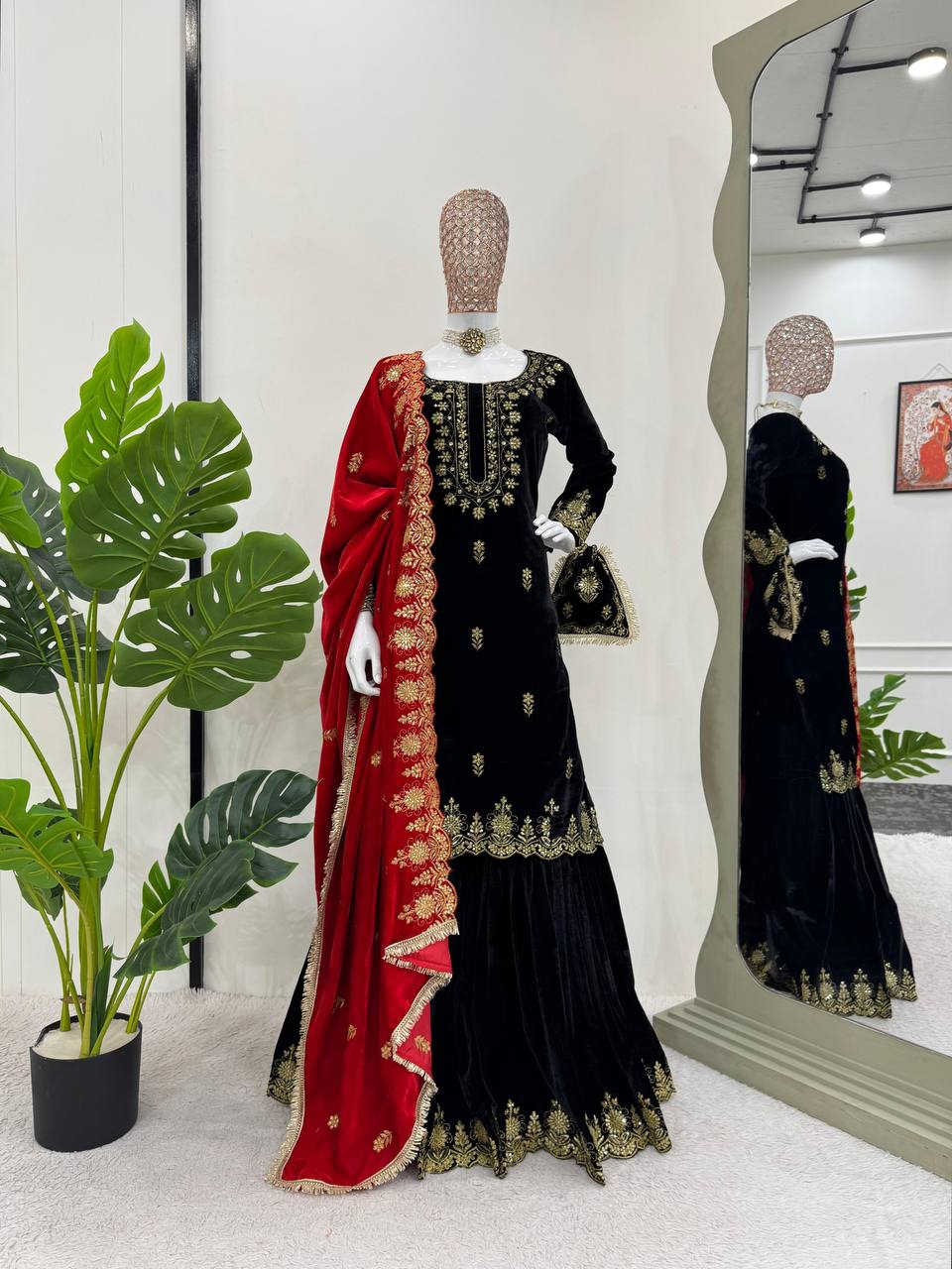 Black Elegant Viscose Velvet Embroidered Sharara Set ClothsVilla