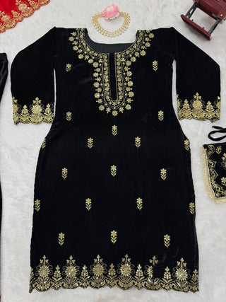 Black Elegant Viscose Velvet Embroidered Sharara Set ClothsVilla