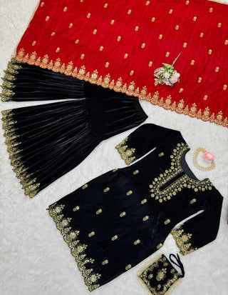 Black Elegant Viscose Velvet Embroidered Sharara Set ClothsVilla