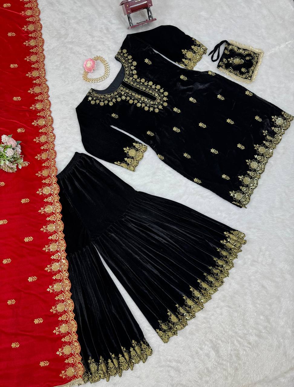 Black Elegant Viscose Velvet Embroidered Sharara Set ClothsVilla